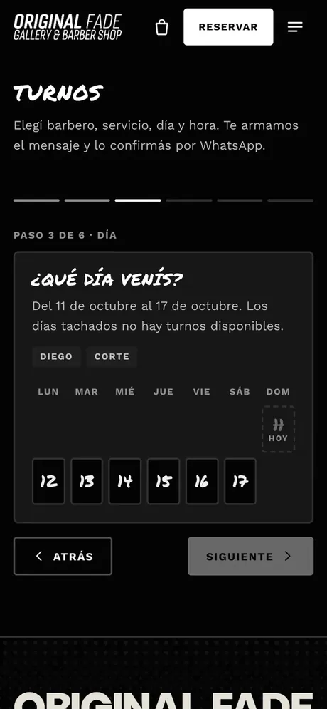 Pantalla de turnos de la web de ORIGINALFADE en un celular